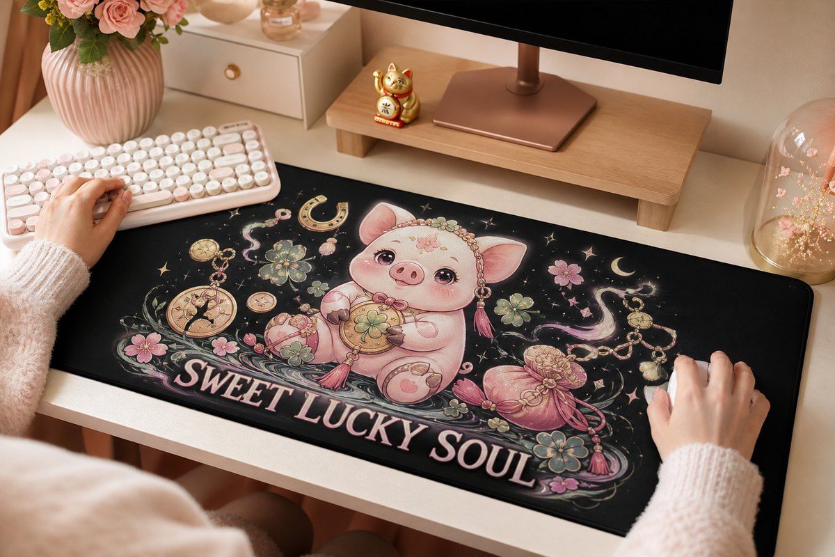 Pig Sweet Lucky Soul Large Desk Mat – Gaming Mouse Pad for Office Setup, graphic art / gift product image 1