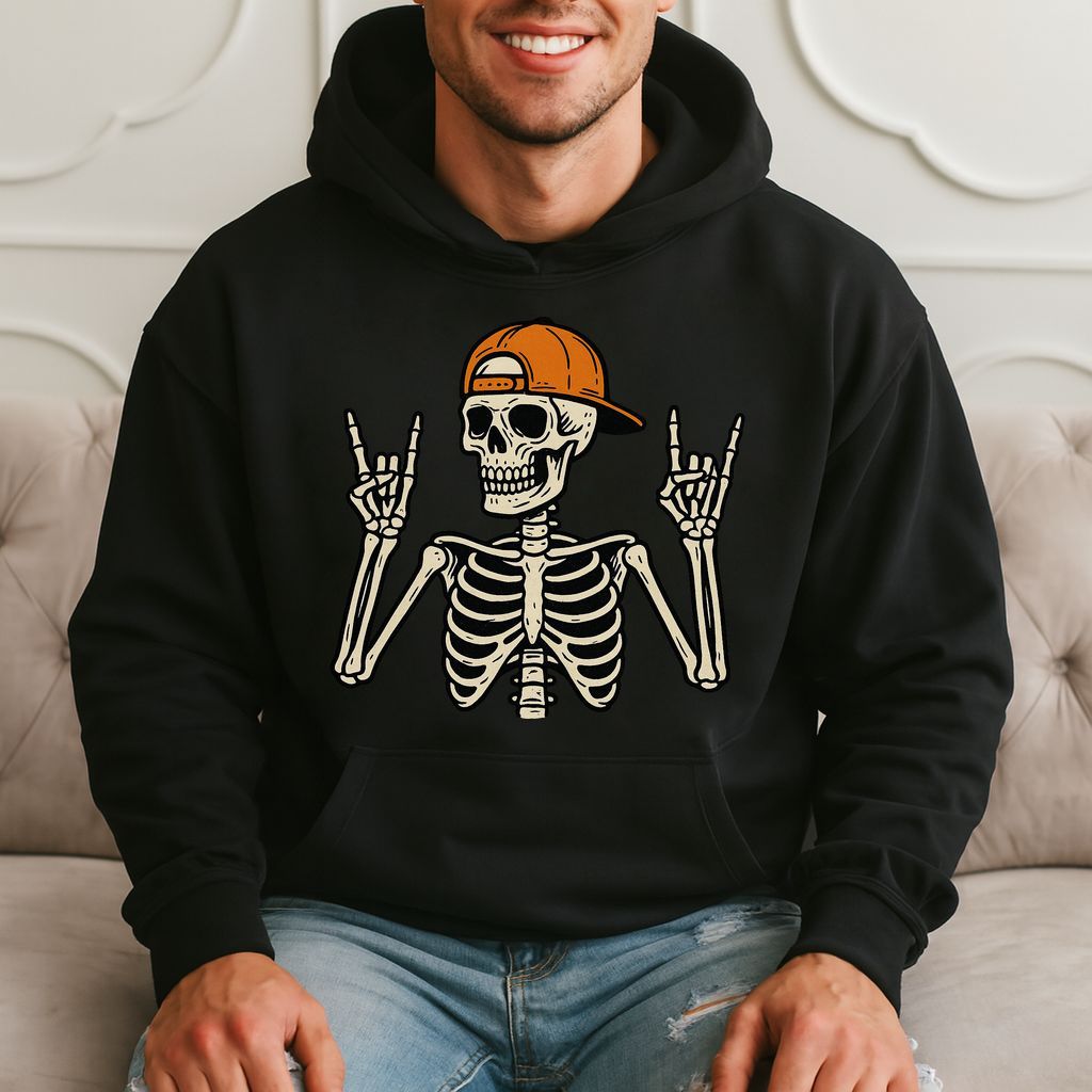 Rock On Skeleton With Orange Cap - Halloween Party Vibes Hoodie product image 3