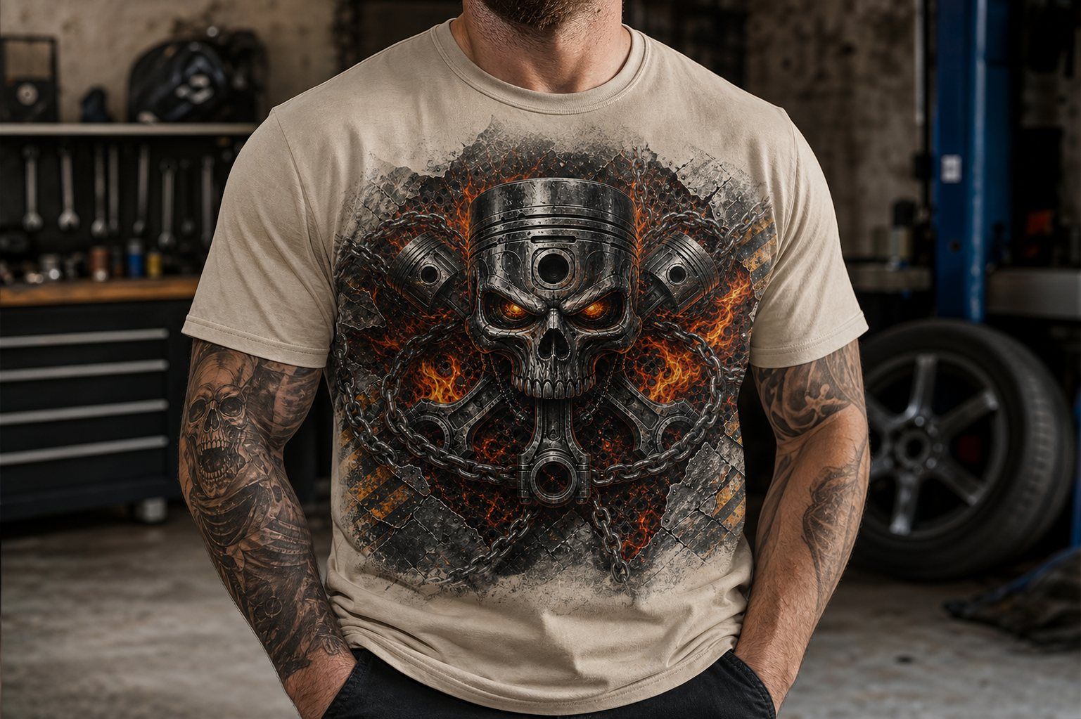 Mechanic Piston Skull T-Shirt product image 2