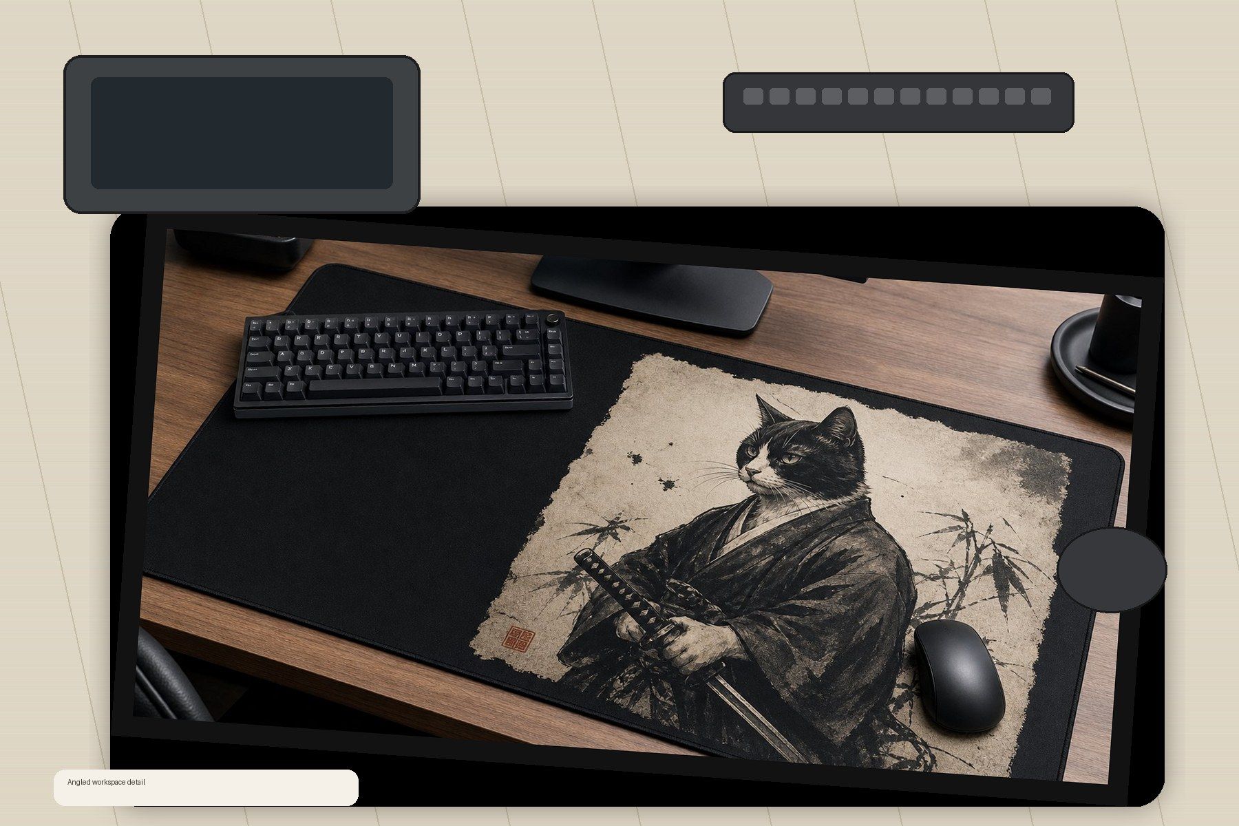 Ronin Cat Sumi Ink Large Desk Mat – Gaming Mouse Pad for Office Setup, cat lover gift / cute animal product image 2